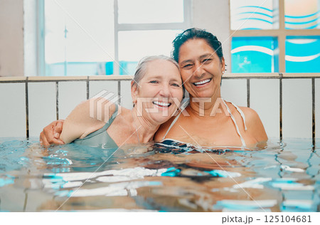 Swimming pool and senior women in portrait for holiday summer, vacation and having fun together with love, hug and happy retirement. Diversity elderly or old woman friends swimming in water pool Swimming pool and senior women in portrait for holiday summer, vacation and having fun together with love, hug and happy retirement. Diversity elderly or old woman friends swimming in water pool 125104681