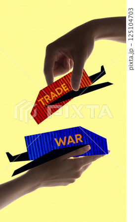 Two hands holding symbolic trade and war containers, illustrating escalation of economic conflict and tension in global business exchange. 125104703