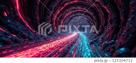 Futuristic cyber tunnel with glowing neon red and blue lights 125104712