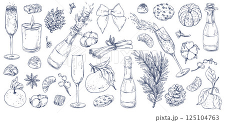 Christmas collection with tangerines, sweets, spices, champagne and plants. Graphic illustration hand drawn in black ink. A set of separate isolated elements of objects EPS vector. 125104763