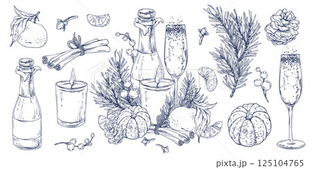 Christmas decor with tangerines, champagne. sweets and pine branches. Graphic illustration hand drawn in black ink. A set of separate isolated elements of objects EPS vector. 125104765