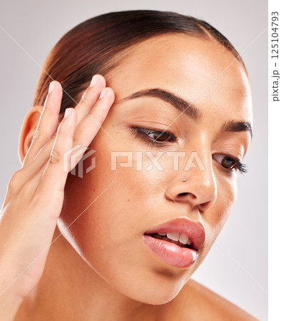 Beauty, makeup and hands on face of woman for microblading, cosmetology and luxury. Wellness, flawless and cosmetics with girl model for health, spa and glow against a gray background studio Beauty, makeup and hands on face of woman for microblading, cosmetology and luxury. Wellness, flawless and cosmetics with girl model for health, spa and glow against a gray background studio 125104793
