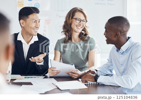 Marketing, planning and business people with report in a meeting, smile and happy with analysis of growth at a startup. Partnership, strategy and employees in conversation about company analytics 125104836