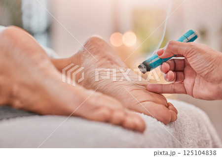 Spa, feet and health therapy for skincare or body wellness treatment. Massage smoke therapy, luxury medical feet healing and skin beauty for healthy lifestyle, relax and natural calm energy at clinic 125104838