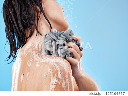 Cleaning, sponge and soap in a shower for hygiene, skincare and skin wellness health with mockup. Beauty, cosmetic foam and healthy body liquid washing with mock up with water and bath product Cleaning, sponge and soap in a shower for hygiene, skincare and skin wellness health with mockup. Beauty, cosmetic foam and healthy body liquid washing with mock up with water and bath product 125104857