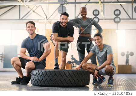 Fitness, friends and gym portrait by happy, relax and proud group ready for training, fitness and challenge. Personal trainer, team and woman with men at a sports center for cross, workout and fit 125104858
