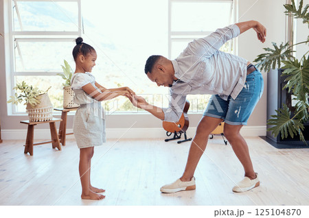 Happy family, dance and dad and child holding hands, bond and enjoy fun quality time together for Fathers Day. Love, happiness and black man bow to girl while dancing, playing and teaching youth kid Happy family, dance and dad and child holding hands, bond and enjoy fun quality time together for Fathers Day. Love, happiness and black man bow to girl while dancing, playing and teaching youth kid 125104870