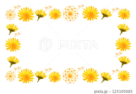 水彩のたんぽぽの花と綿毛のフレーム　春　黄色 125105085