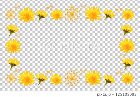 水彩のたんぽぽの花と綿毛のフレーム　春　黄色 125105085