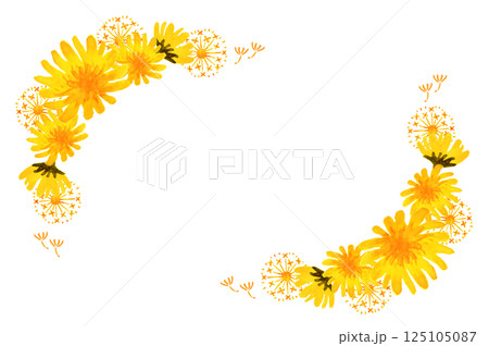 水彩のたんぽぽの花と綿毛のフレーム　春　黄色 125105087