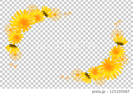 水彩のたんぽぽの花と綿毛のフレーム　春　黄色 125105087