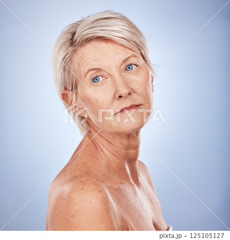 Beauty, skincare and mature woman with healthy, glowing skin on a grey studio background. Beautiful, facial and senior female ready for skin care, body care or treatment for health and wellness Beauty, skincare and mature woman with healthy, glowing skin on a grey studio background. Beautiful, facial and senior female ready for skin care, body care or treatment for health and wellness 125105127