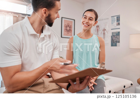 Physiotherapy, rehabilitation and healthcare with a man and woman in discussion about treatment in an office. Fitness, documents and consulting with a man therapist and woman client in a rehab clinic Physiotherapy, rehabilitation and healthcare with a man and woman in discussion about treatment in an office. Fitness, documents and consulting with a man therapist and woman client in a rehab clinic 125105136