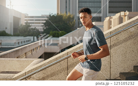 Man, running or city steps for fitness, heart health training or cardio workout in Brazilian urban location. Portrait, runner or sports athlete on stairs in wellness speed exercise for health goals Man, running or city steps for fitness, heart health training or cardio workout in Brazilian urban location. Portrait, runner or sports athlete on stairs in wellness speed exercise for health goals 125105232