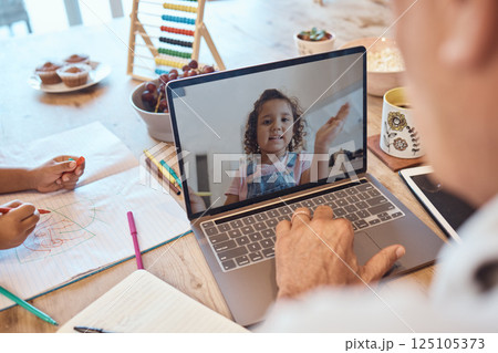 Elearning, video call and computer communication of child and teacher talking for online education. Digital student support, technology and man talking on the web for kid development and learning 125105373