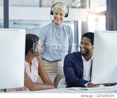 Call center, team and mentor in office for training, coaching and support with coach and staff in sales, telemarketing and customer support. Diversity, happiness and teamwork with crm woman leader Call center, team and mentor in office for training, coaching and support with coach and staff in sales, telemarketing and customer support. Diversity, happiness and teamwork with crm woman leader 125105374