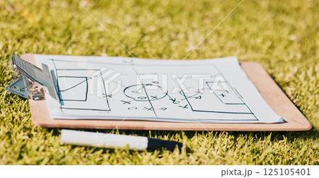 Clipboard, paper and soccer strategy, planning with tactics for team game plan and formation on a grass sport field. Document, pen and icon drawing, sketch and football plan for match on sports pitch Clipboard, paper and soccer strategy, planning with tactics for team game plan and formation on a grass sport field. Document, pen and icon drawing, sketch and football plan for match on sports pitch 125105401