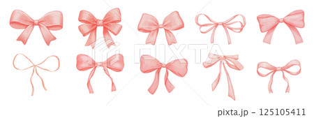 Coquette pink bow textured drawings set, isolated watercolor illustration, cute red lace ribbon Coquette pink bow textured drawings set, isolated watercolor illustration, cute red lace ribbon 125105411