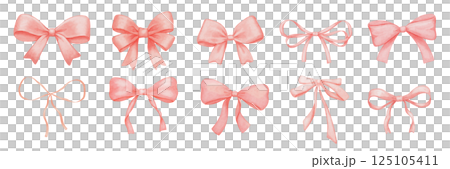 Coquette pink bow textured drawings set, isolated watercolor illustration, cute red lace ribbon Coquette pink bow textured drawings set, isolated watercolor illustration, cute red lace ribbon 125105411