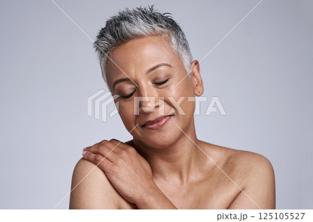 Skincare, beauty and woman in cosmetic and antiaging mockup, healthy skin with fresh, clean glow. Mature female wellness, natural cosmetics and grooming motivation against studio background. 125105527