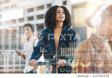 Business woman, scooter and travel in city or street with data or graphs overlay. Double exposure, electric moped or black female traveling to work in sustainable transport to reduce carbon footprint Business woman, scooter and travel in city or street with data or graphs overlay. Double exposure, electric moped or black female traveling to work in sustainable transport to reduce carbon footprint 125105570