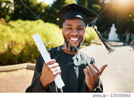 Student graduation, black man with certificate in outdoor park or portrait of goal achievement in African university campus. Education success, happy graduate with college diploma or law scholarship 125105602
