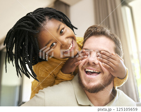 Adopted child, man or father bonding in fun game in house living room, hotel or family home in hide and seek activity, love and trust. Portrait, smile or playful black girl with foster support parent 125105659