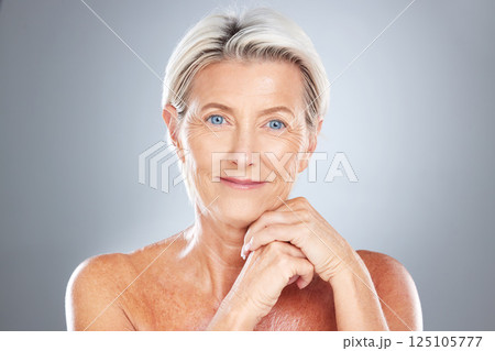Skincare, senior woman and skincare, beauty and cosmetic wellness fro anti aging in grey studio background mockup. Elderly female model happy with skin health, face and healthcare with facial makeup 125105777