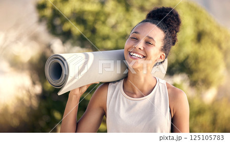Pilates, yoga mat and nature portrait of black woman ready to start health fitness, wellness exercise or outdoor workout. Peace, freedom or happy girl smile before sports performance training in park 125105783