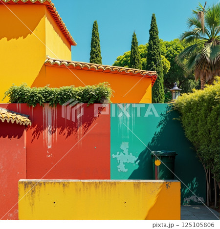 Brightly colored outdoor area with trash bins and greenery. 125105806