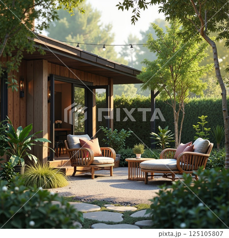 Cozy outdoor seating area with wooden 125105807