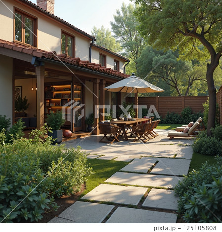 Cozy outdoor seating area with wooden 125105808