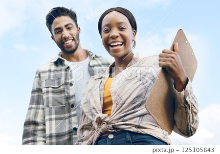 Blue sky, agriculture and people with clipboard in nature working on sustainable farm. Team, farming and portrait of Indian man and black woman doing check for produce, plant growth and vegetables 125105843