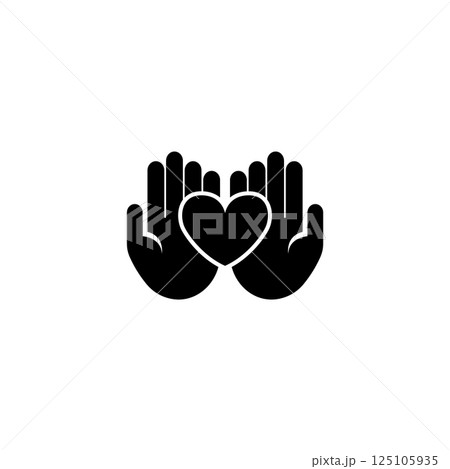 Simple black vector icon of two hands holding or cupping a heart shape. 125105935