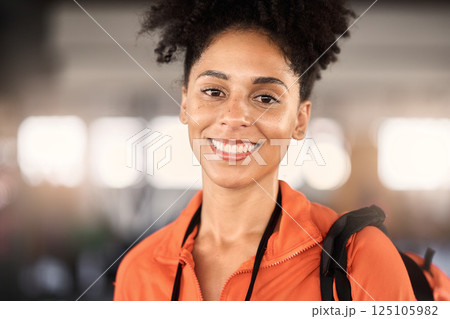 Happy black woman, gym portrait and backpack for training, exercise lifestyle or body wellness. Headshot, fitness and happiness on face, health or workout for african girl, woman or model with bag Happy black woman, gym portrait and backpack for training, exercise lifestyle or body wellness. Headshot, fitness and happiness on face, health or workout for african girl, woman or model with bag 125105982