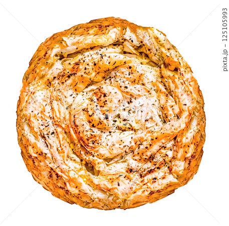 Traditional feta cheese phyllo pastry pie banitsa isolated on white background. top view 125105993