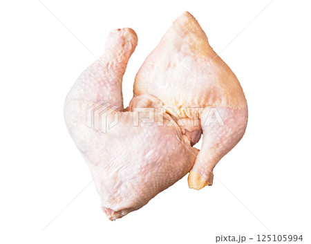 Fresh raw chicken meat, isolated on white background. Chicken drumstick or leg, top view Fresh raw chicken meat, isolated on white background. Chicken drumstick or leg, top view 125105994