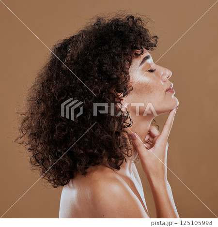 Woman, hair and skincare for salon treatment, cosmetics or makeup against brown studio background. Proud female model profile in relax, satisfaction or healthy hair care, wellness or facial on mockup Woman, hair and skincare for salon treatment, cosmetics or makeup against brown studio background. Proud female model profile in relax, satisfaction or healthy hair care, wellness or facial on mockup 125105998