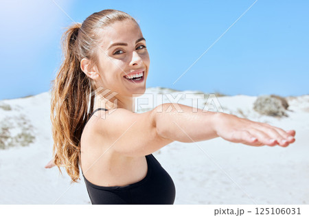 Fitness, yoga and exercise with a woman on the beach during summer for health, wellness or zen. Earth, nature and workout with the portrait of a female yogi on the beach for pilates or mindfulness 125106031