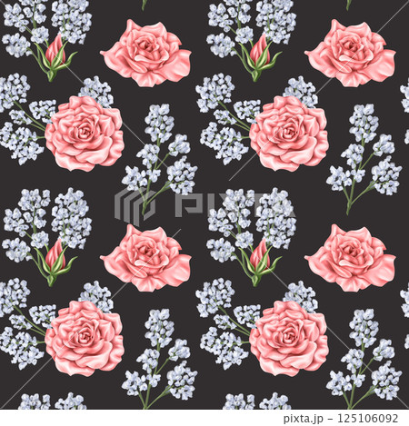 Seamless pattern of delicate blue gypsophila branches, pink roses and buds. Dried wildflowers, bouquets. Botanical motifs, decorative natural elements. Digital illustration Seamless pattern of delicate blue gypsophila branches, pink roses and buds. Dried wildflowers, bouquets. Botanical motifs, decorative natural elements. Digital illustration 125106092