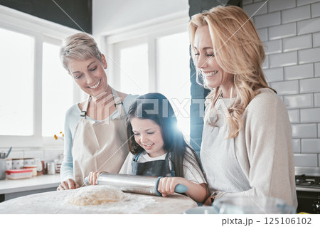 Baking, bonding and child with mother and grandmother in the kitchen learning to bake in their house. Food, love and girl kid with a smile with mom and senior woman teaching to cook together 125106102