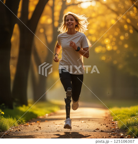 A person with a prosthetic leg running through a park A person with a prosthetic leg running through a park 125106307