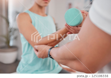 Woman, dumbbell and arm physiotherapy with health fitness coach. Healthcare support, wellness exercise and physical therapy training, physiotherapist or patient rehabilitation recovery consultation Woman, dumbbell and arm physiotherapy with health fitness coach. Healthcare support, wellness exercise and physical therapy training, physiotherapist or patient rehabilitation recovery consultation 125106338