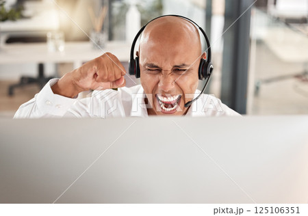 Call center, fist or success on telemarketing computer in sales deal, target goals or b2b consulting help. Happy, celebration and man receptionist with winner expression in contact us or crm office Call center, fist or success on telemarketing computer in sales deal, target goals or b2b consulting help. Happy, celebration and man receptionist with winner expression in contact us or crm office 125106351