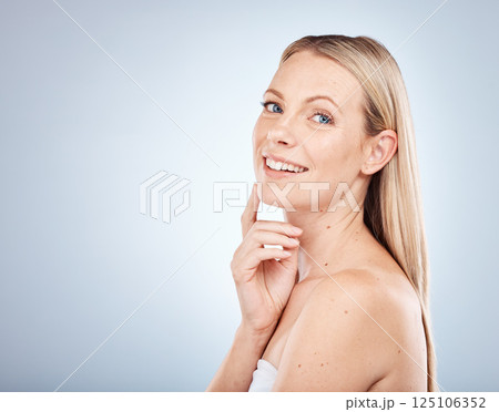 Skincare, beauty portrait and woman in studio on a gray background mockup. Luxury cosmetics, makeup and female model from Canada with glowing and healthy skin after spa beauty treatment mock up. Skincare, beauty portrait and woman in studio on a gray background mockup. Luxury cosmetics, makeup and female model from Canada with glowing and healthy skin after spa beauty treatment mock up. 125106352