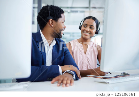 Call center, business and black people teamwork on sales, telemarketing and crm strategy, management and communication. Financial support, virtual advisor and consultant on computer for training 125106561