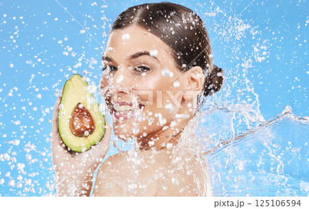 Avocado, skincare and woman in studio portrait for healthy food, wellness and beauty vegan cosmetics promotion with water splash. Young model with natural skin care, nutrition diet green facial food 125106594