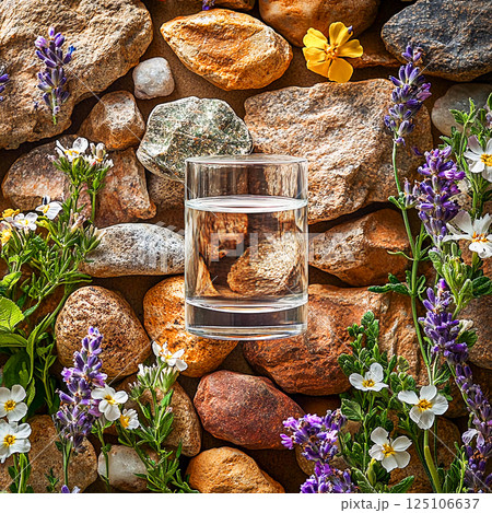 Clear glass with water and ice sits on a rock surrounded by colorful wildflowers in a scenic outdoor setting 125106637