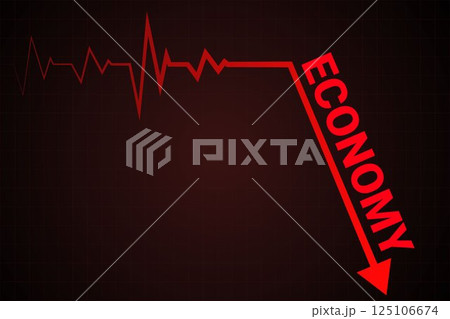 Heartbeat-like red line ends in sharp arrow labeled ECONOMY diving downward, resembling financial death. Vector illustration. Heartbeat-like red line ends in sharp arrow labeled ECONOMY diving downward, resembling financial death. Vector illustration. 125106674