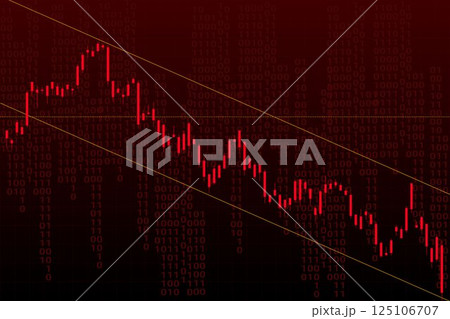 Candlestick chart descending inside yellow channel over data stream, symbolizing sanctions. Vector illustration. 125106707